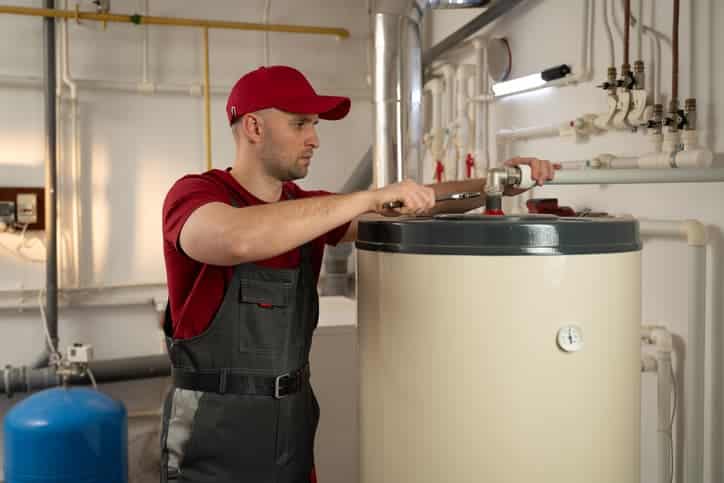 Technician repairing a residential water heater in a utility room”
